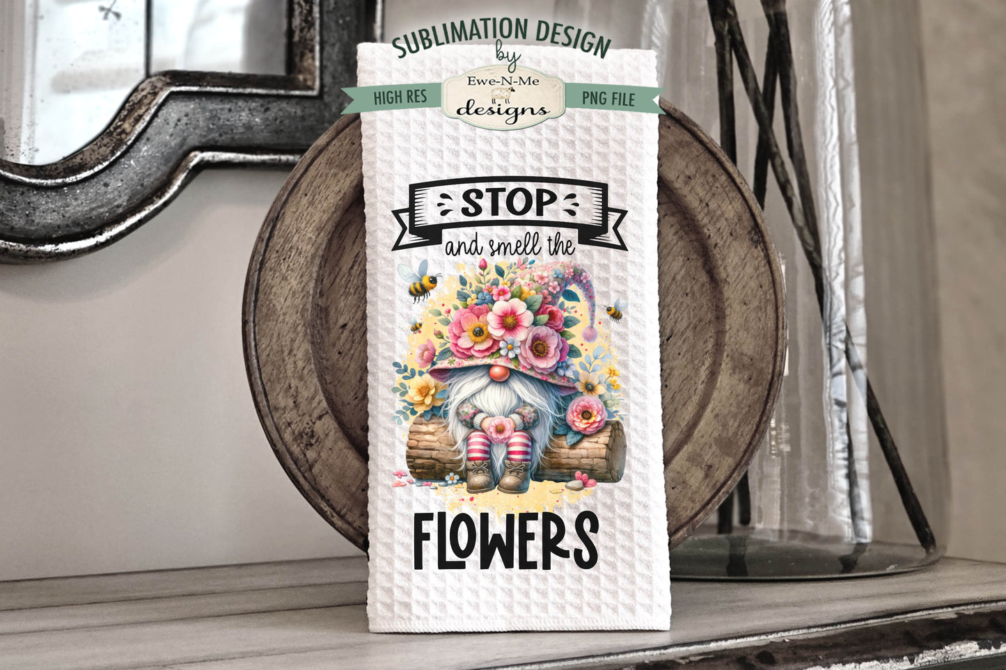 Gnomes with Flowers and Bees - Kitchen Towel Sublimation Designs