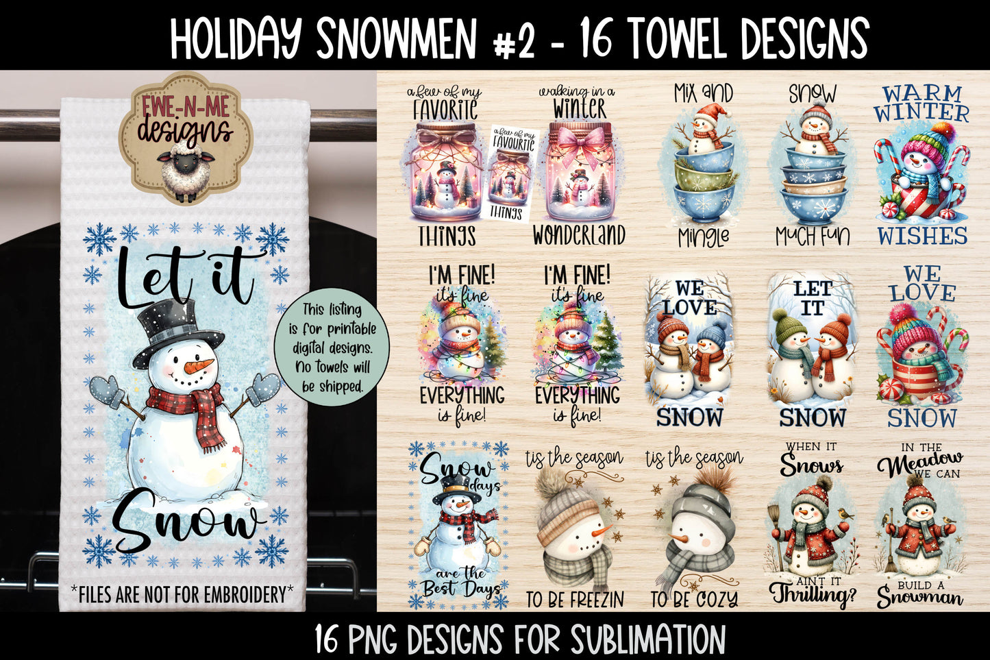 Holiday Snowmen #2 - Bundle of 16 - Kitchen Towel Sublimation Designs