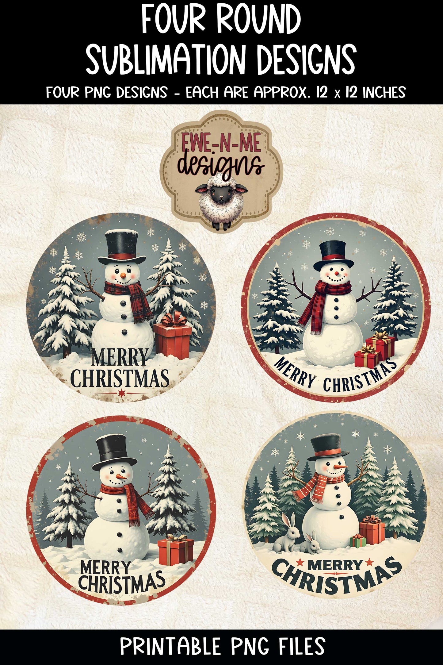 Vintage Snowman Round Designs | Four Sublimation PNG Designs