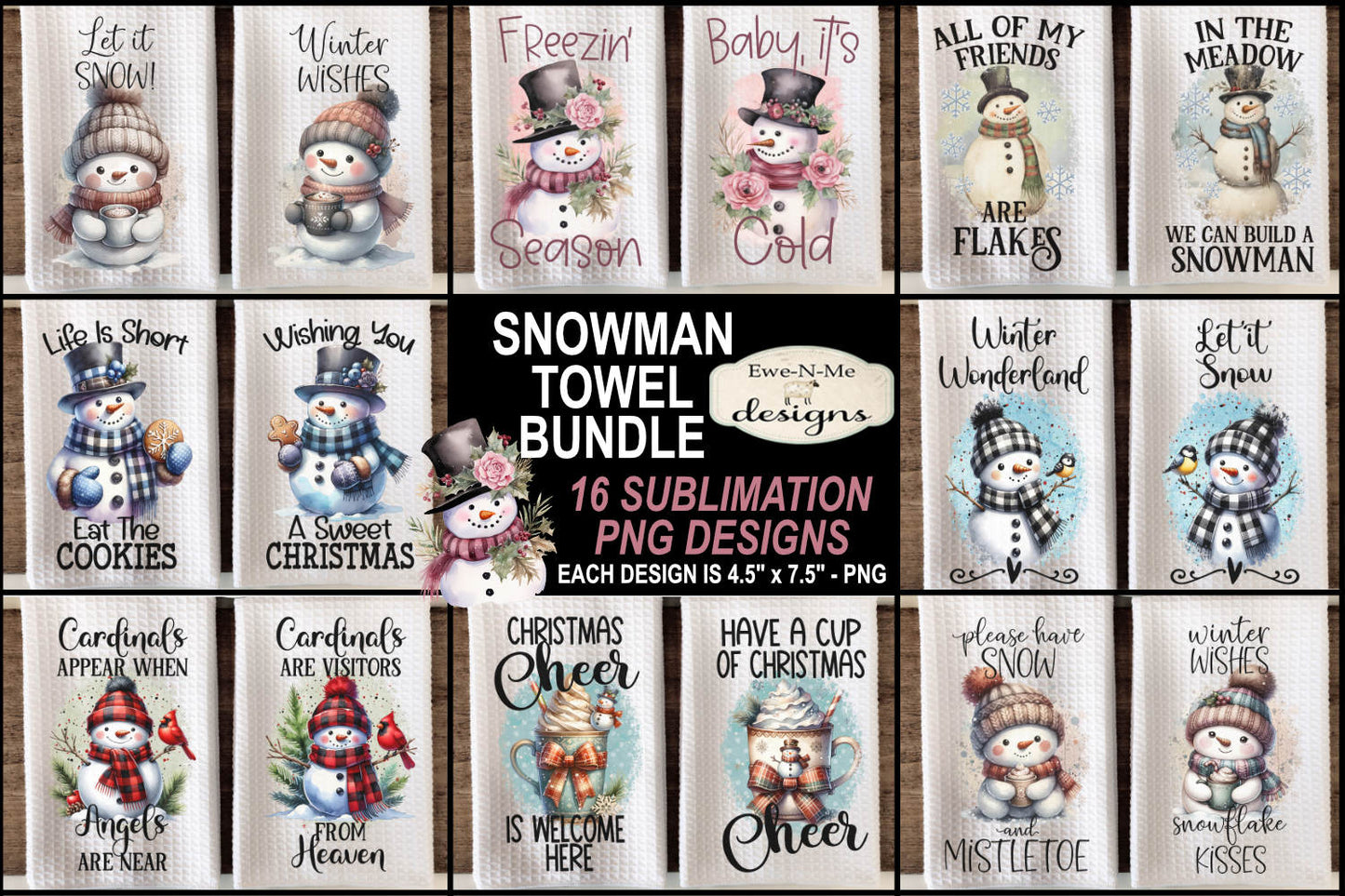Holiday Snowmen #1 - Bundle of 16 - Kitchen Towel Sublimation Designs