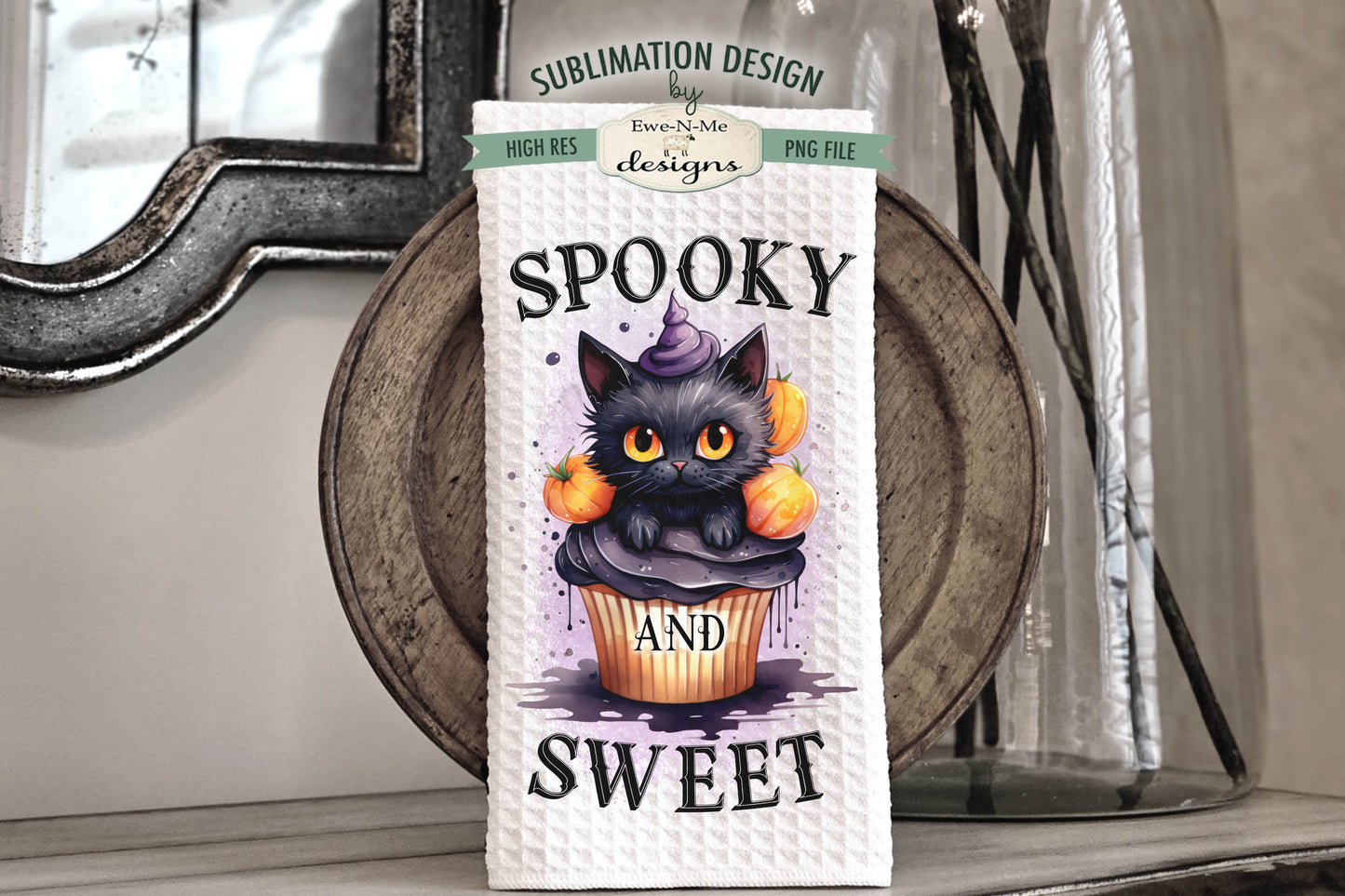 Black Cat Halloween Cupcakes - Kitchen Towel Sublimation Designs