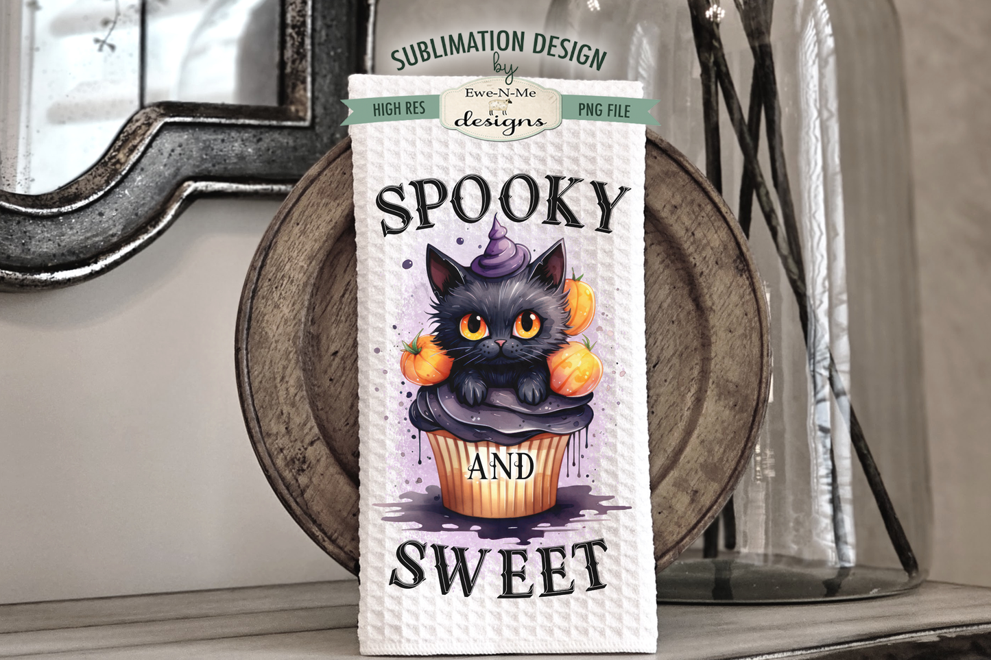 Black Cat Halloween Cupcakes - Kitchen Towel Sublimation Designs