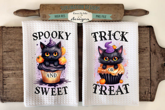 Black Cat Halloween Cupcakes - Kitchen Towel Sublimation Designs