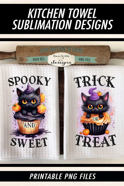 Black Cat Halloween Cupcakes - Kitchen Towel Sublimation Designs