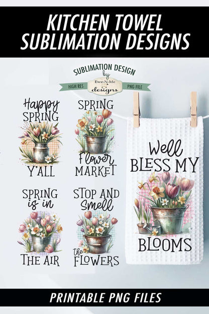Spring Flowers In Buckets - Bundle of 5 - Kitchen Towel Sublimation Designs