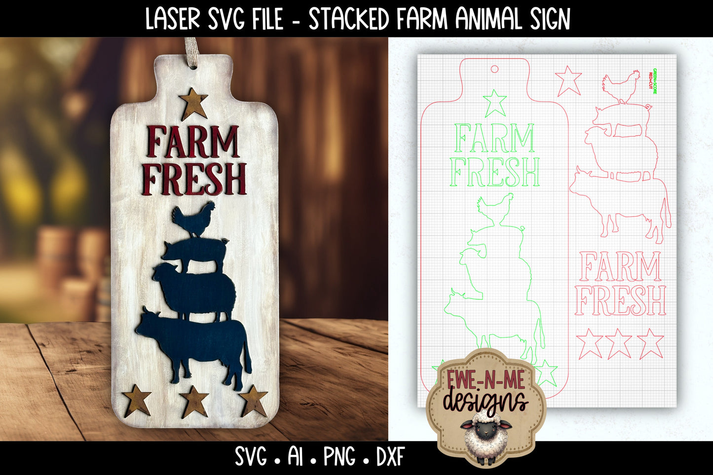 Stacked Farm Animal Sign | Laser Cut SVG File