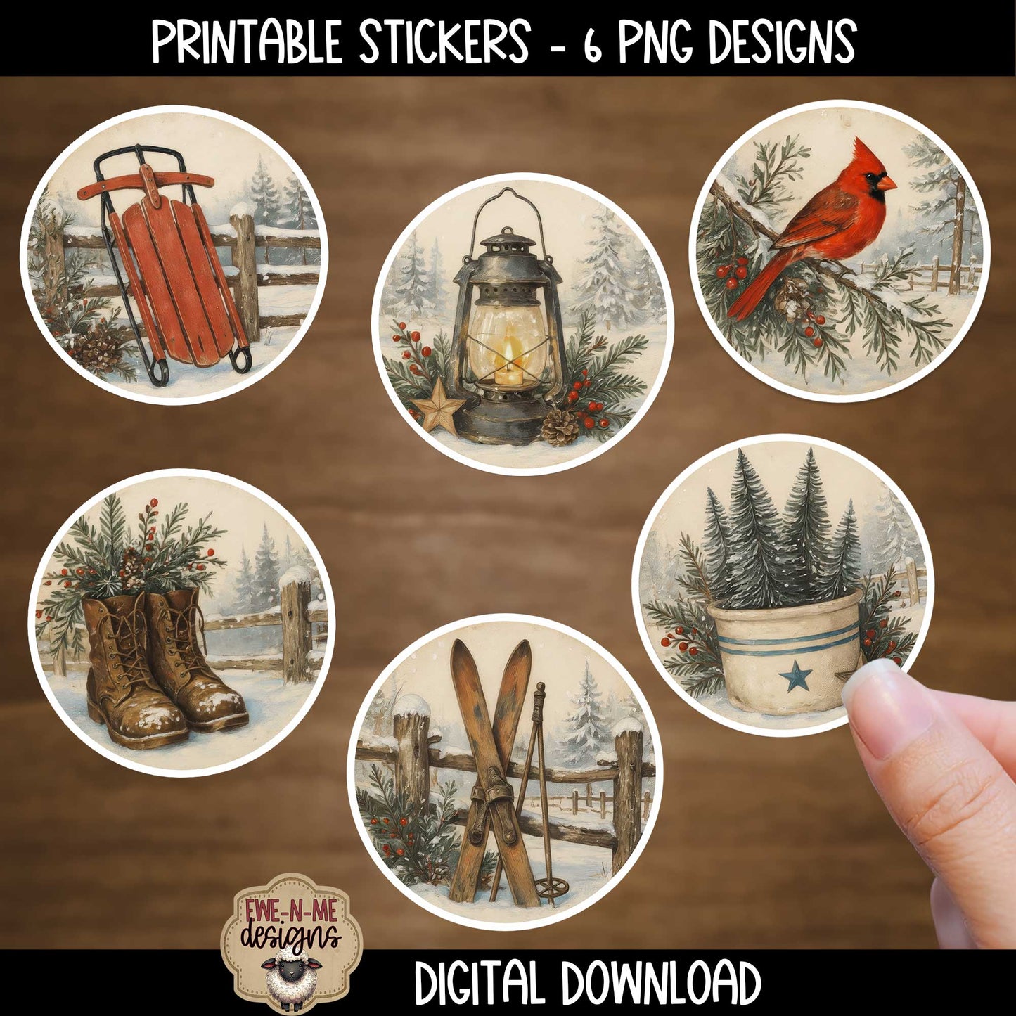 Rustic Winter Ornament Bundle | Laser Cut SVG File + Printable PNG Files with Bonus Sticker File