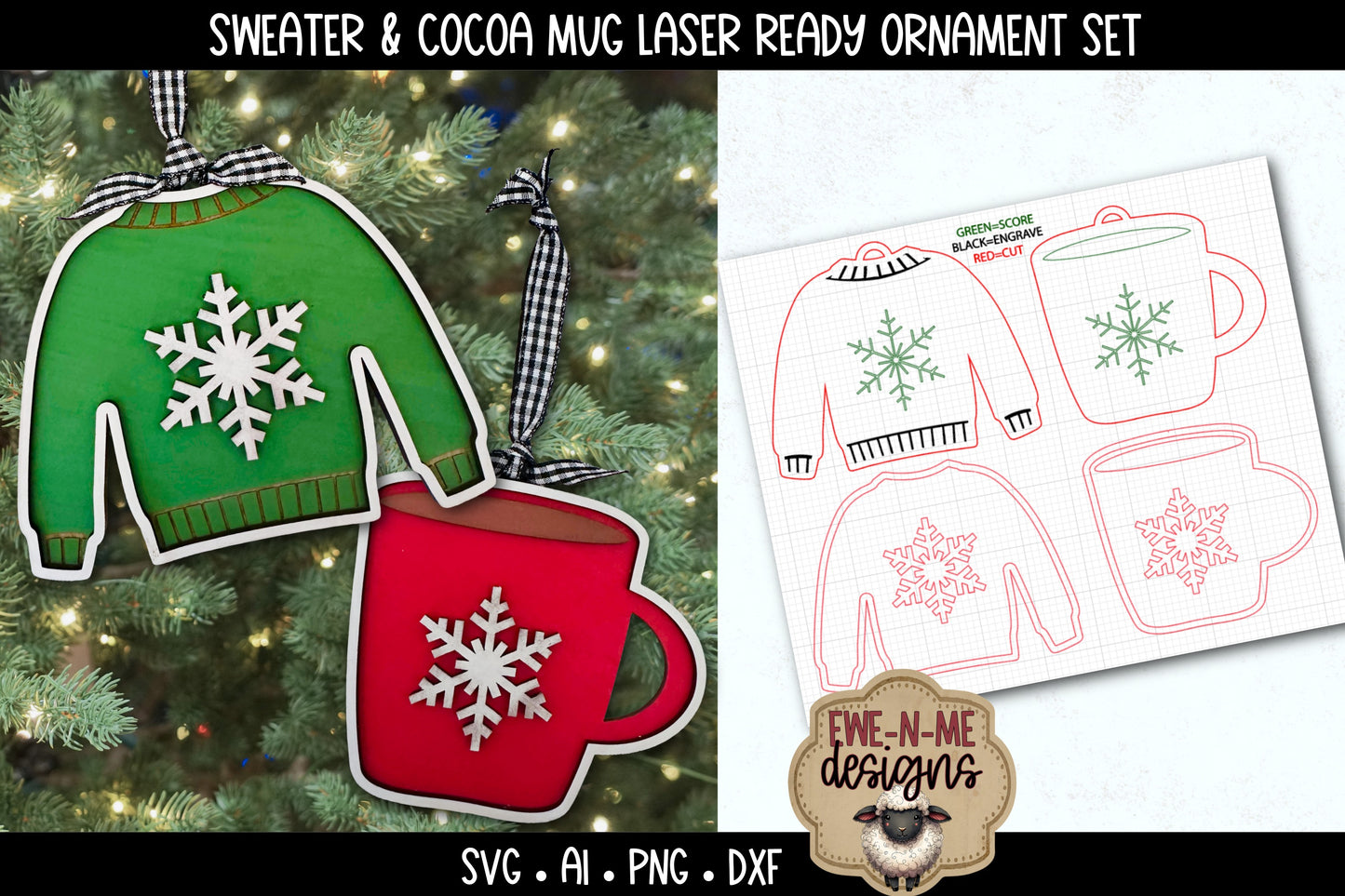 Christmas Sweater & Cocoa Mug Ornament  | Laser Cut SVG Files