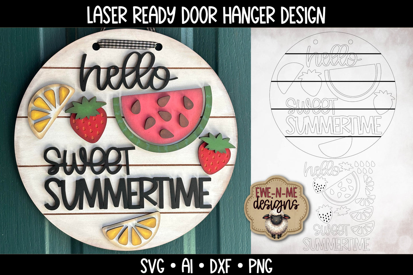 Sweet Summertime Round Door Hanger Watermelon -  Laser Cut SVG