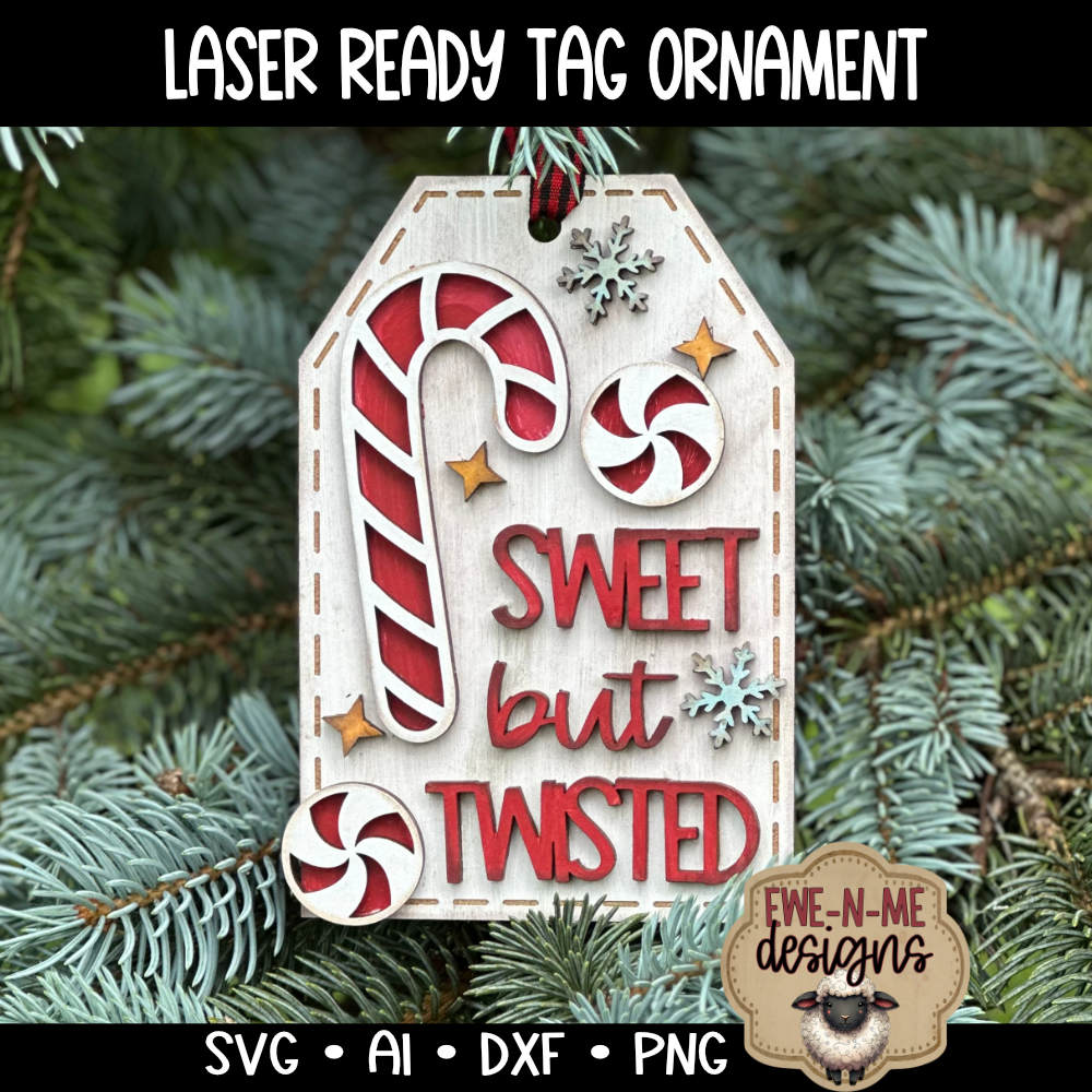 Sweet But Twisted Candy Cane Ornament Tag - Laser Cut SVG