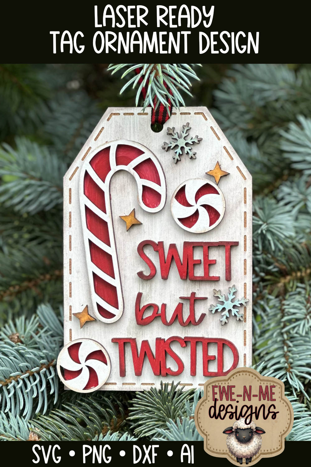 Sweet But Twisted Candy Cane Ornament Tag - Laser Cut SVG