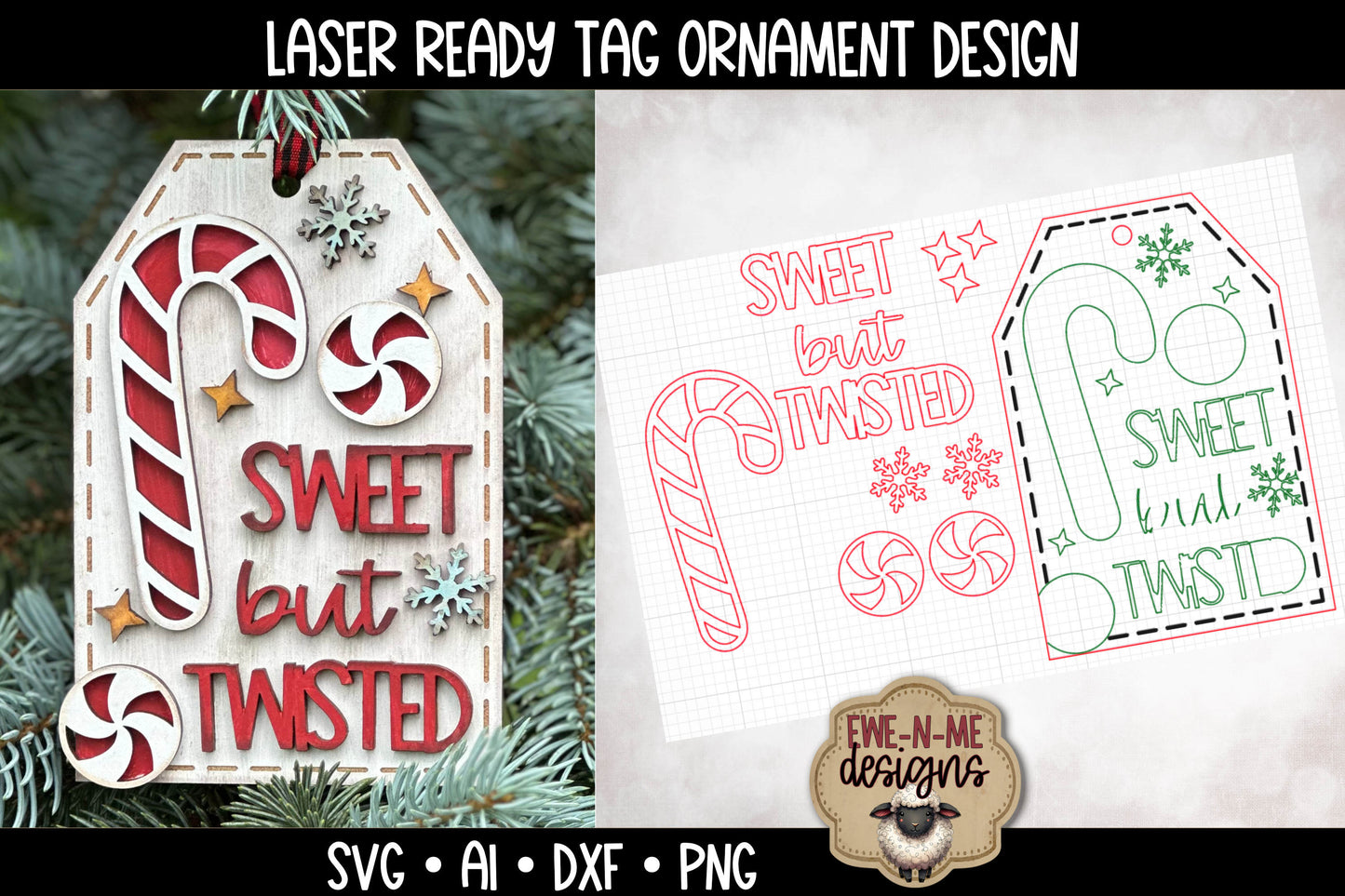 Sweet But Twisted Candy Cane Ornament Tag - Laser Cut SVG