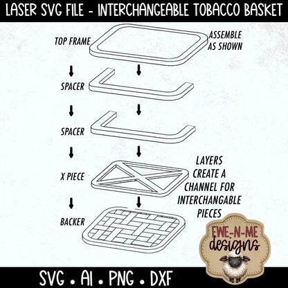 Interchangeable Tobacco Basket Frame with 3 Slide-In Designs | Laser Cut SVG File