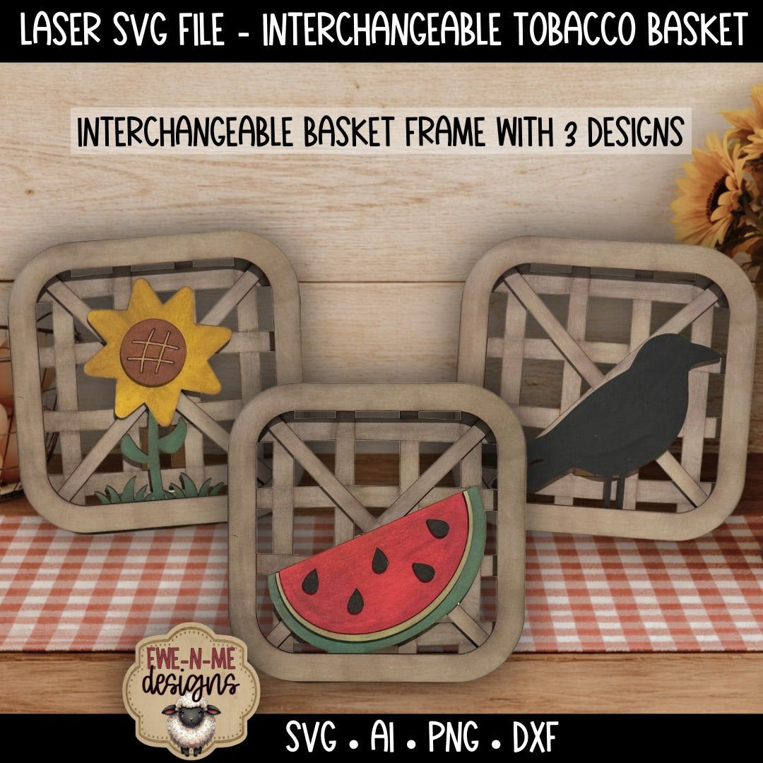 Interchangeable Tobacco Basket Frame with 3 Slide-In Designs | Laser Cut SVG File