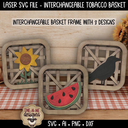 Interchangeable Tobacco Basket Frame with 3 Slide-In Designs | Laser Cut SVG File