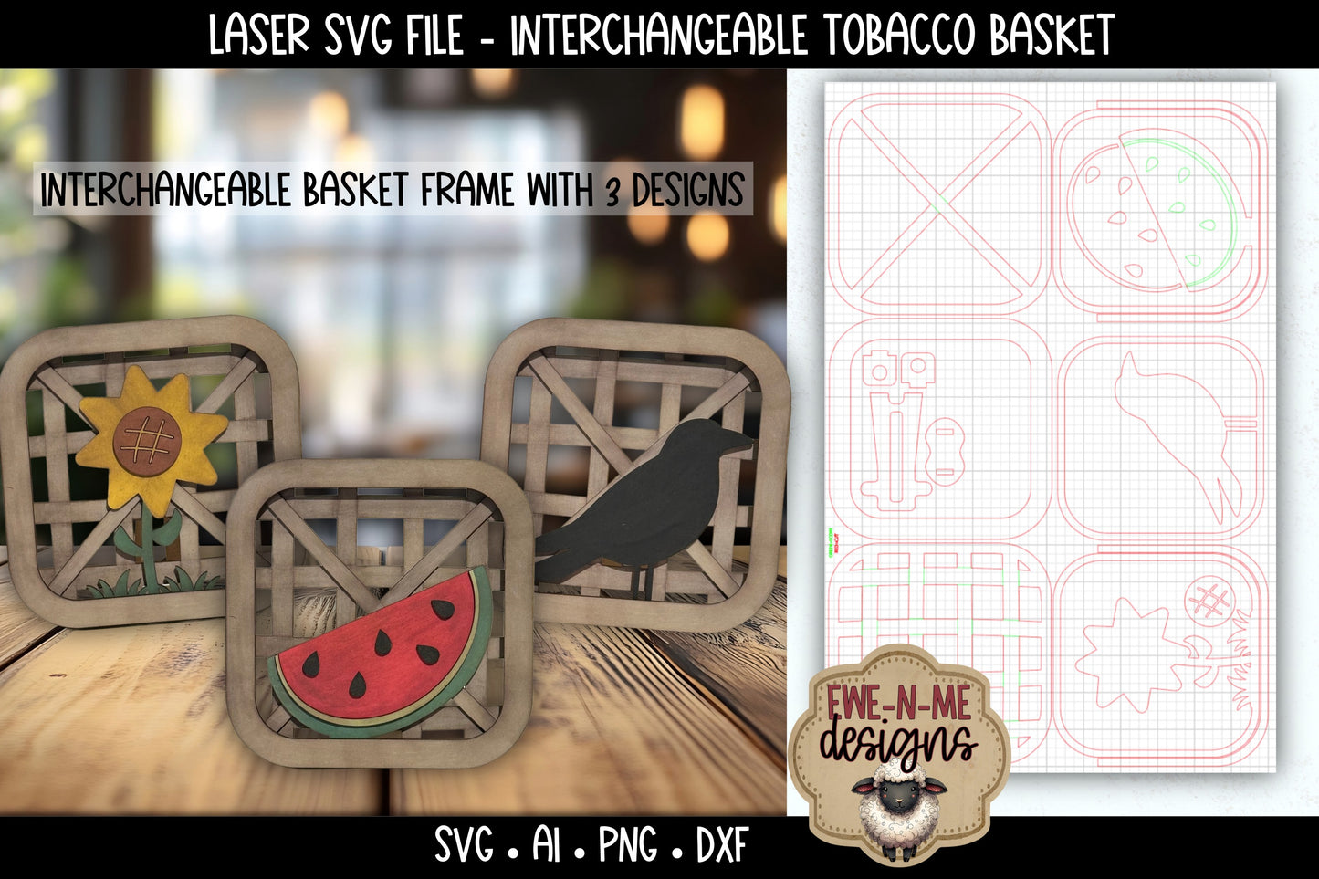 Interchangeable Tobacco Basket Frame with 3 Slide-In Designs | Laser Cut SVG File