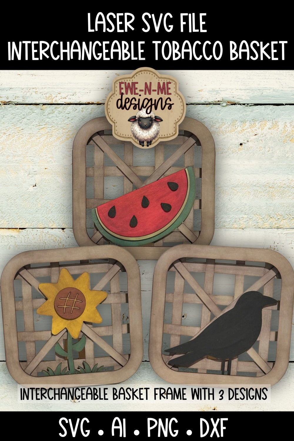 Interchangeable Tobacco Basket Frame with 3 Slide-In Designs | Laser Cut SVG File