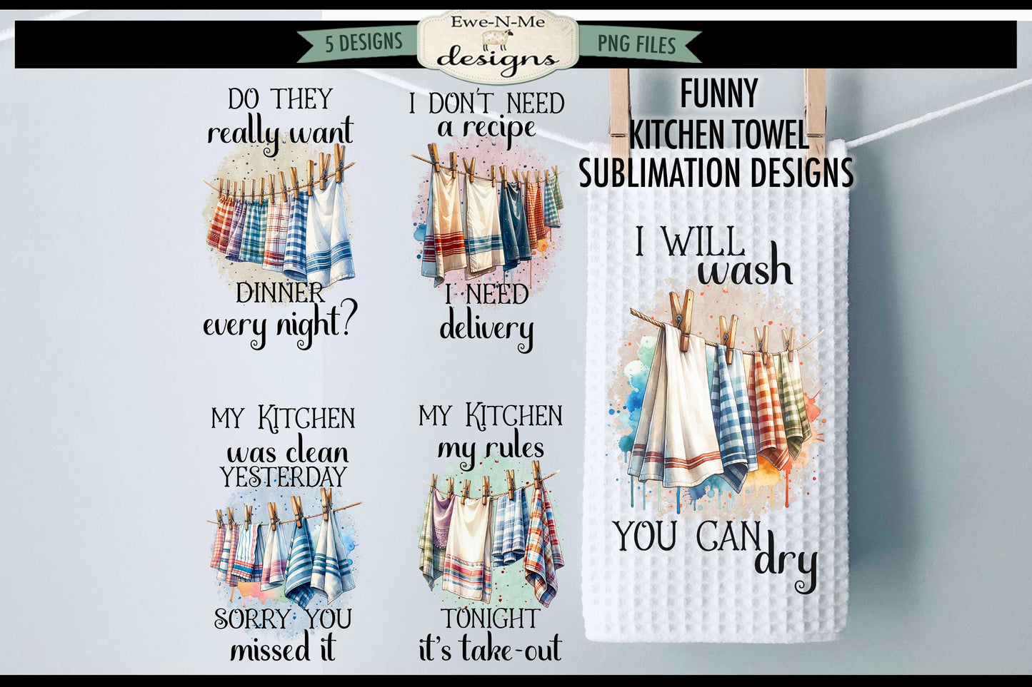Country Towels on Clothesline - Bundle of 5 - Kitchen Towel Sublimation Designs