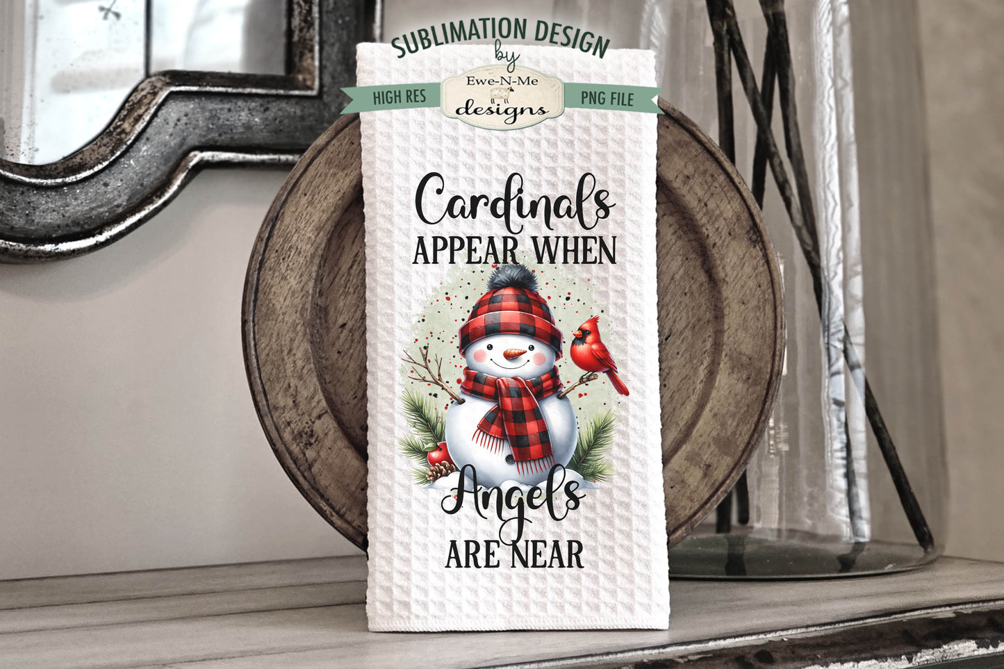Snowman & Cardinals Red Buffalo Plaid - Kitchen Towel Sublimation Designs