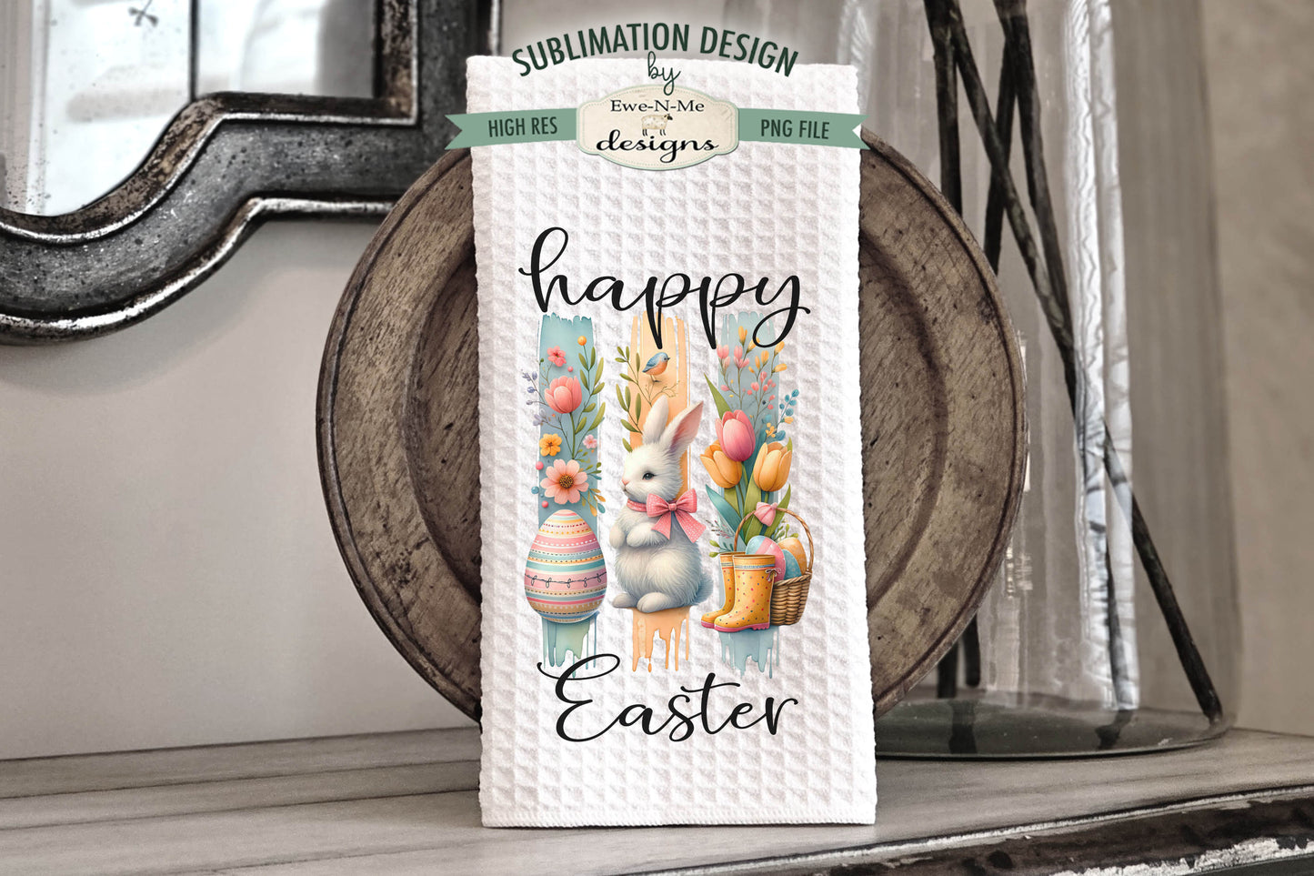 Easter Brush Stroke Bunny Flowers - Kitchen Towel Sublimation Designs