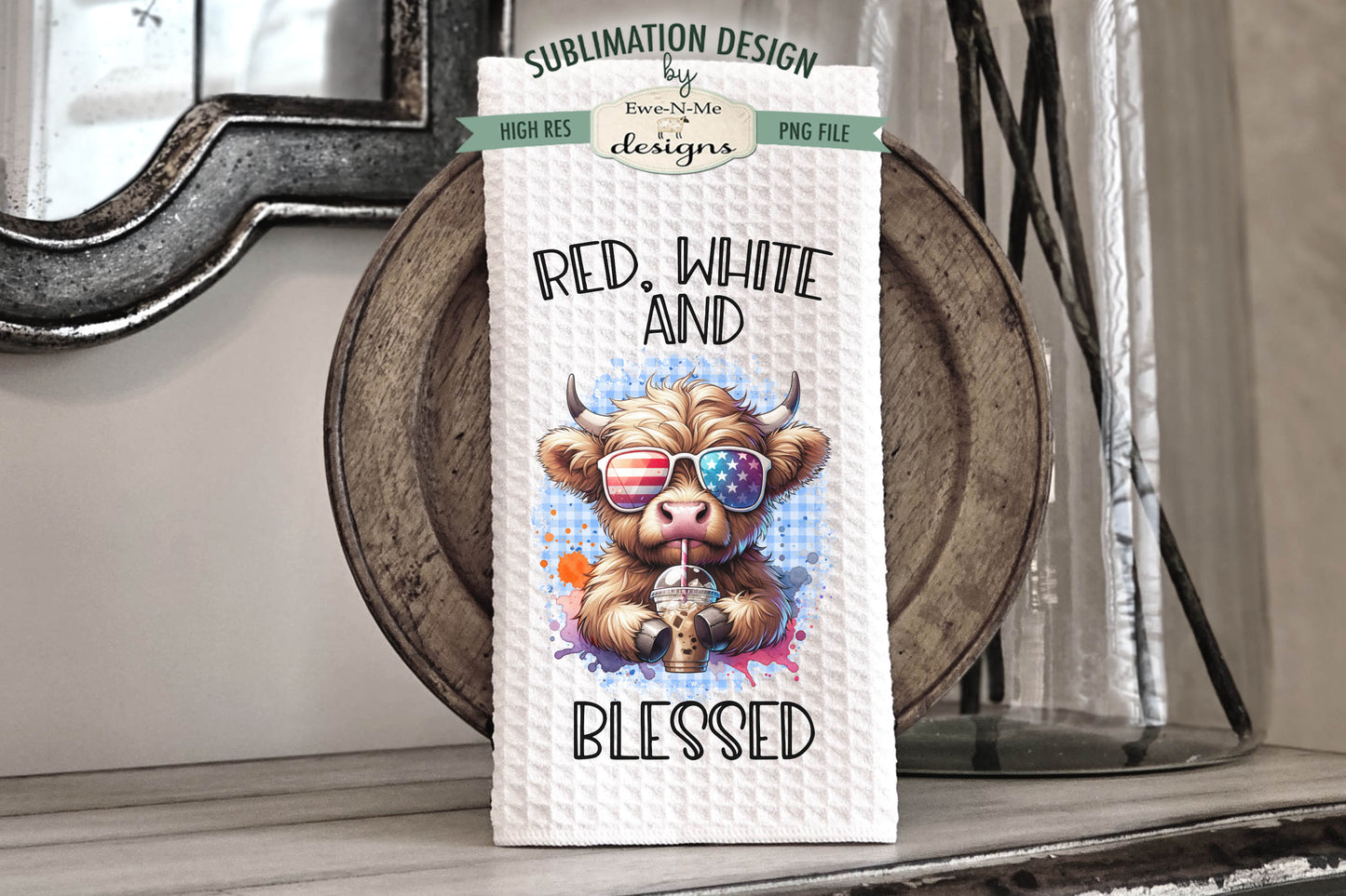 Patriotic Cows With Iced Coffee - Kitchen Towel Sublimation Designs