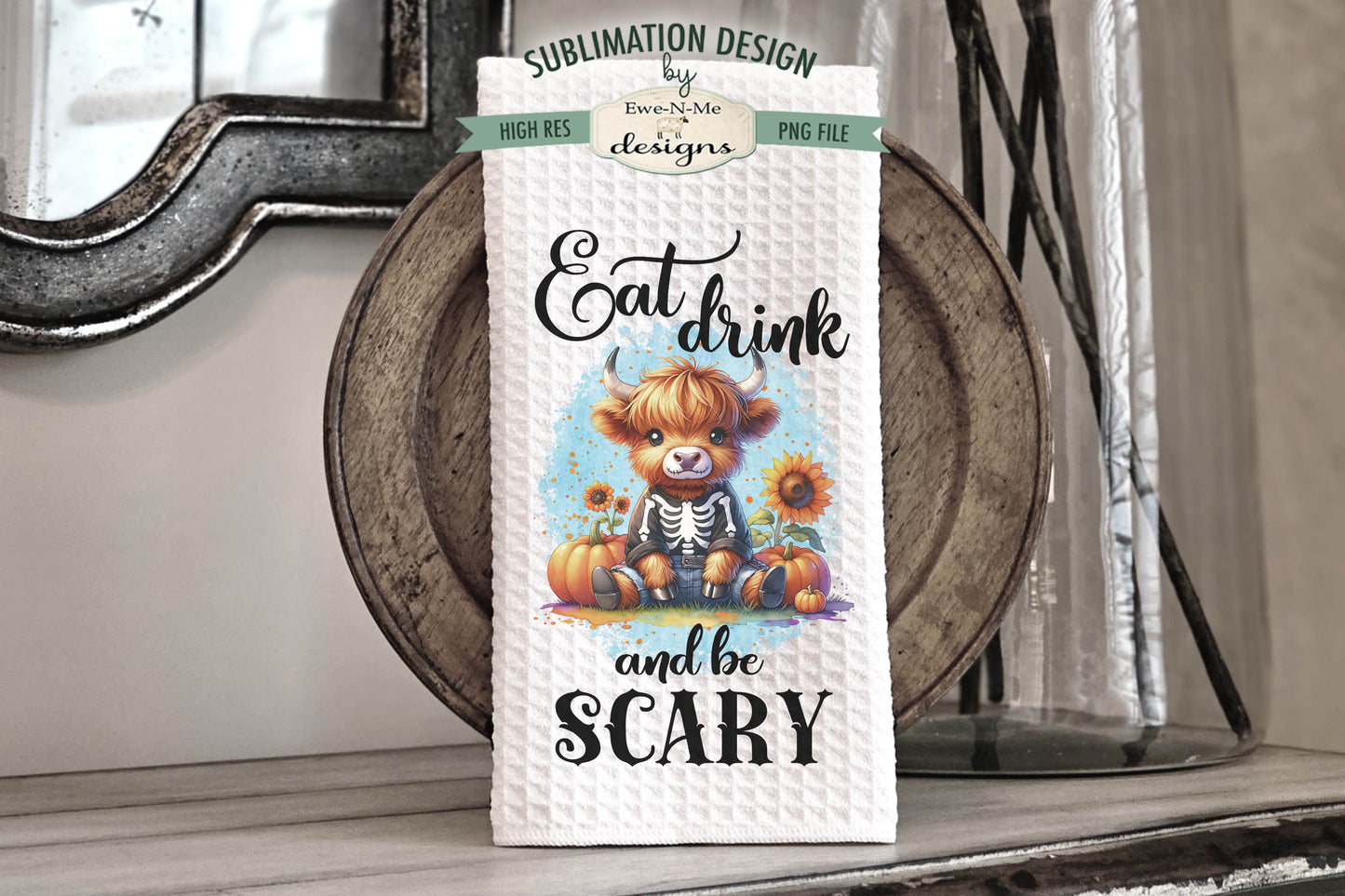 Halloween Highland Cow Skeleton - Kitchen Towel Sublimation Designs
