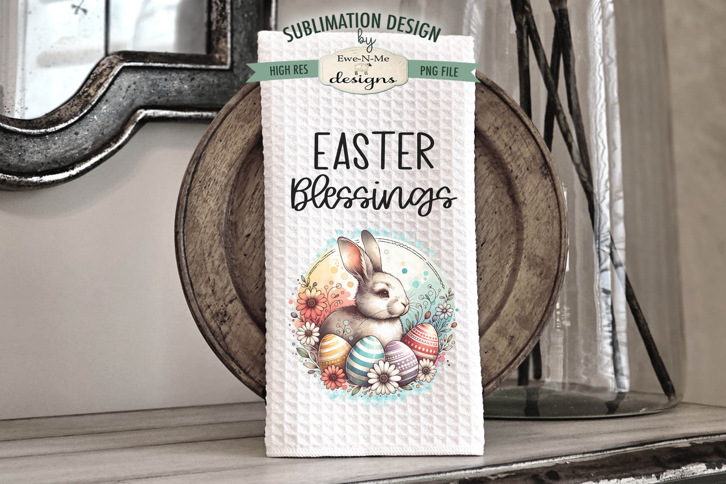 Easter Blessings Bunny with Eggs - Kitchen Towel Sublimation Designs