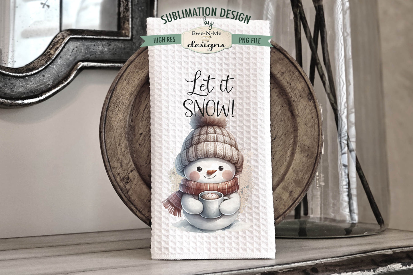 Muted Snowman with Mugs - Kitchen Towel Sublimation Designs