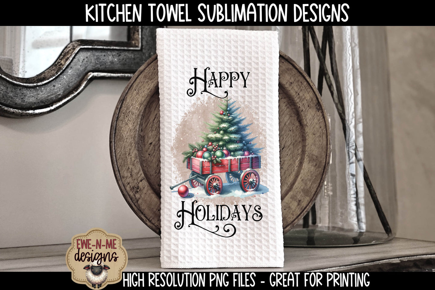 Red Wagon with Christmas Trees - Kitchen Towel Sublimation Designs
