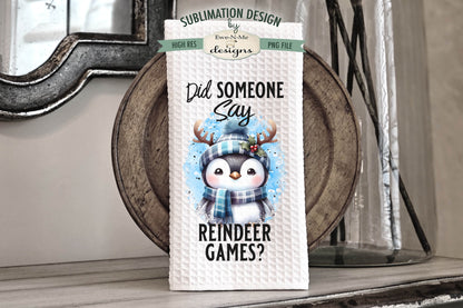 Penguin With Reindeer Antlers - Kitchen Towel Sublimation Designs