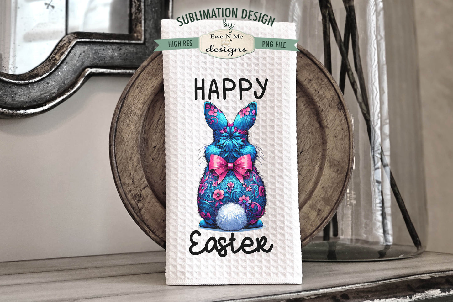 Floral Easter Bunnies with Fluffy Tail - Kitchen Towel Sublimation Designs