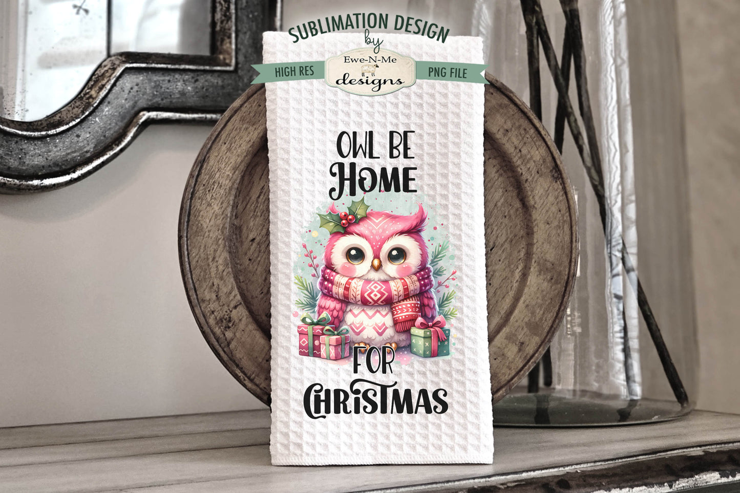 Pink Christmas Holiday Owls  - Kitchen Towel Sublimation Designs