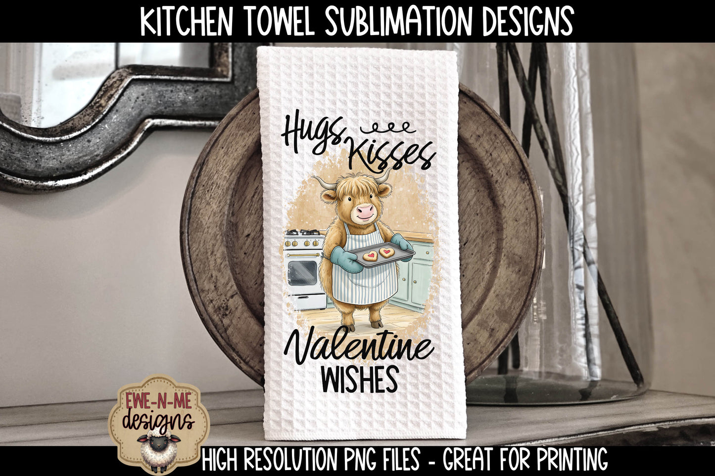 Valentine Highland Cows Baking Cookies - Kitchen Towel Sublimation Designs