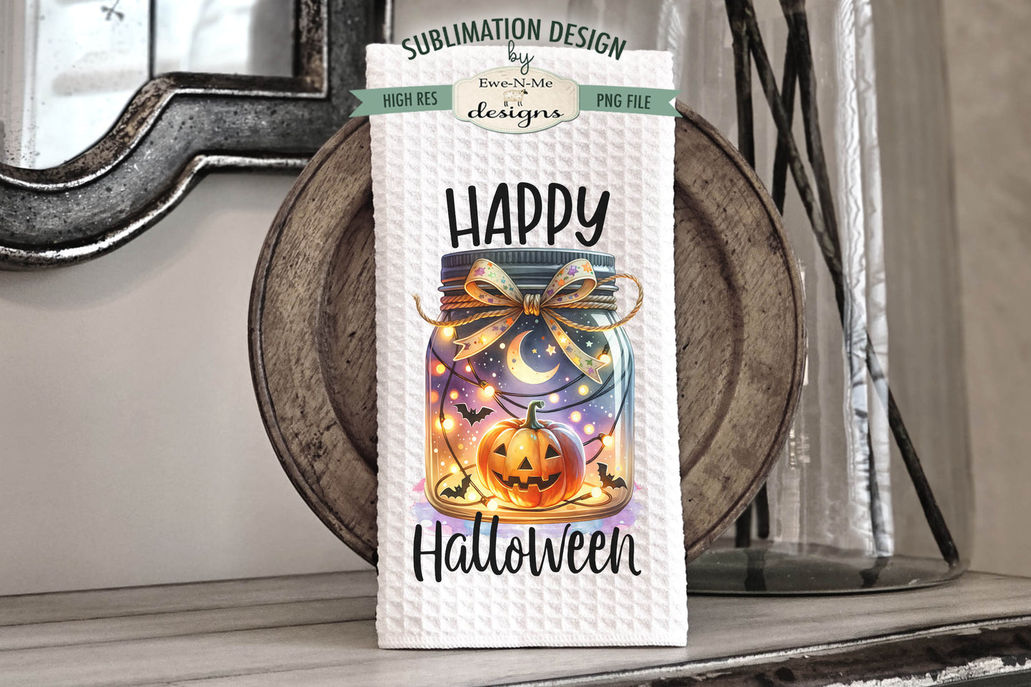 Halloween Jack O Lantern Mason Jar - Kitchen Towel Sublimation Designs