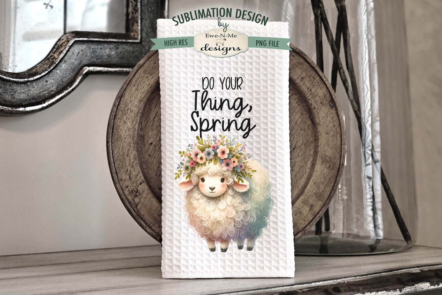 Cute Spring Sheep with Flowers - Kitchen Towel Sublimation Designs
