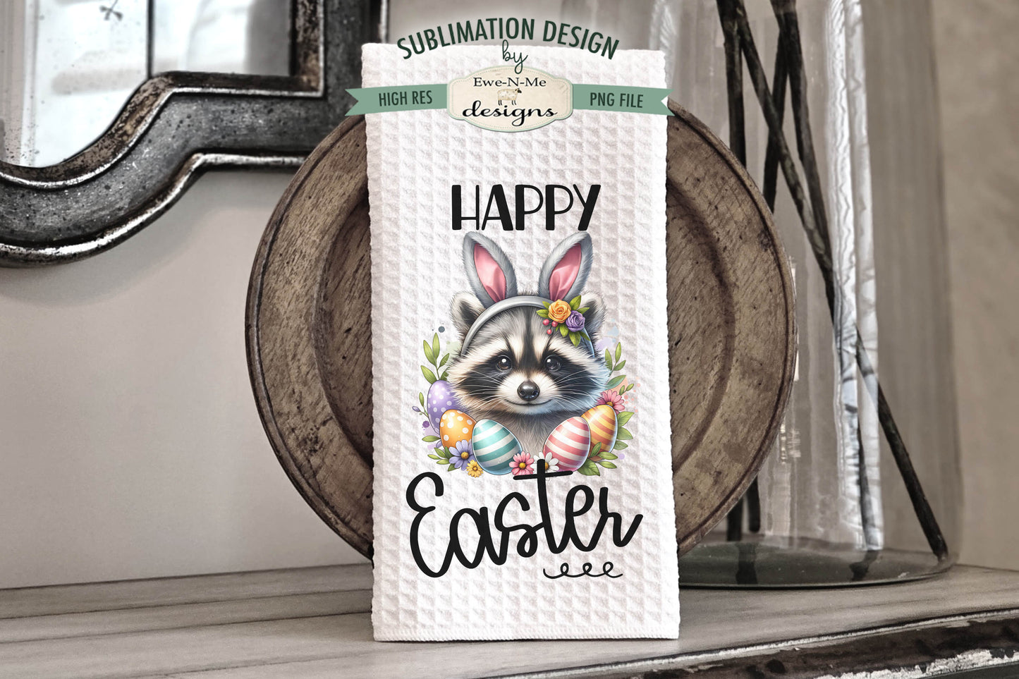 Easter Raccoon with Bunny Ears - Kitchen Towel Sublimation Designs