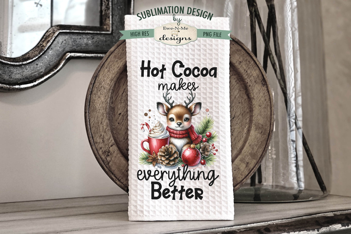 Snowman and Reindeer Cocoa Mugs - Kitchen Towel Sublimation Designs