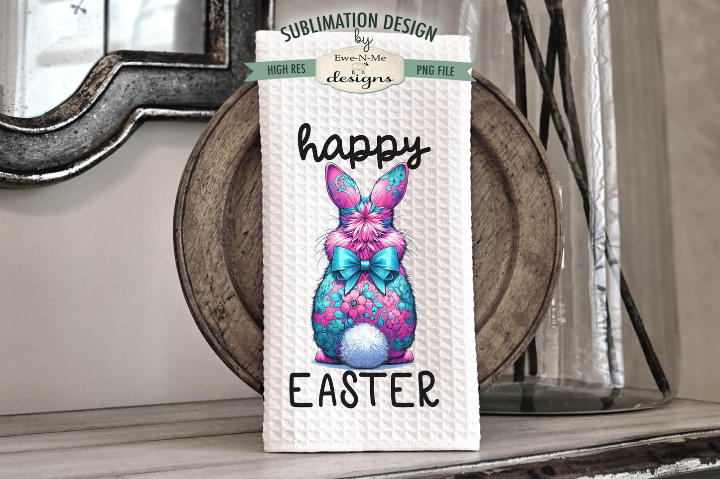 Floral Easter Bunnies with Fluffy Tail - Kitchen Towel Sublimation Designs