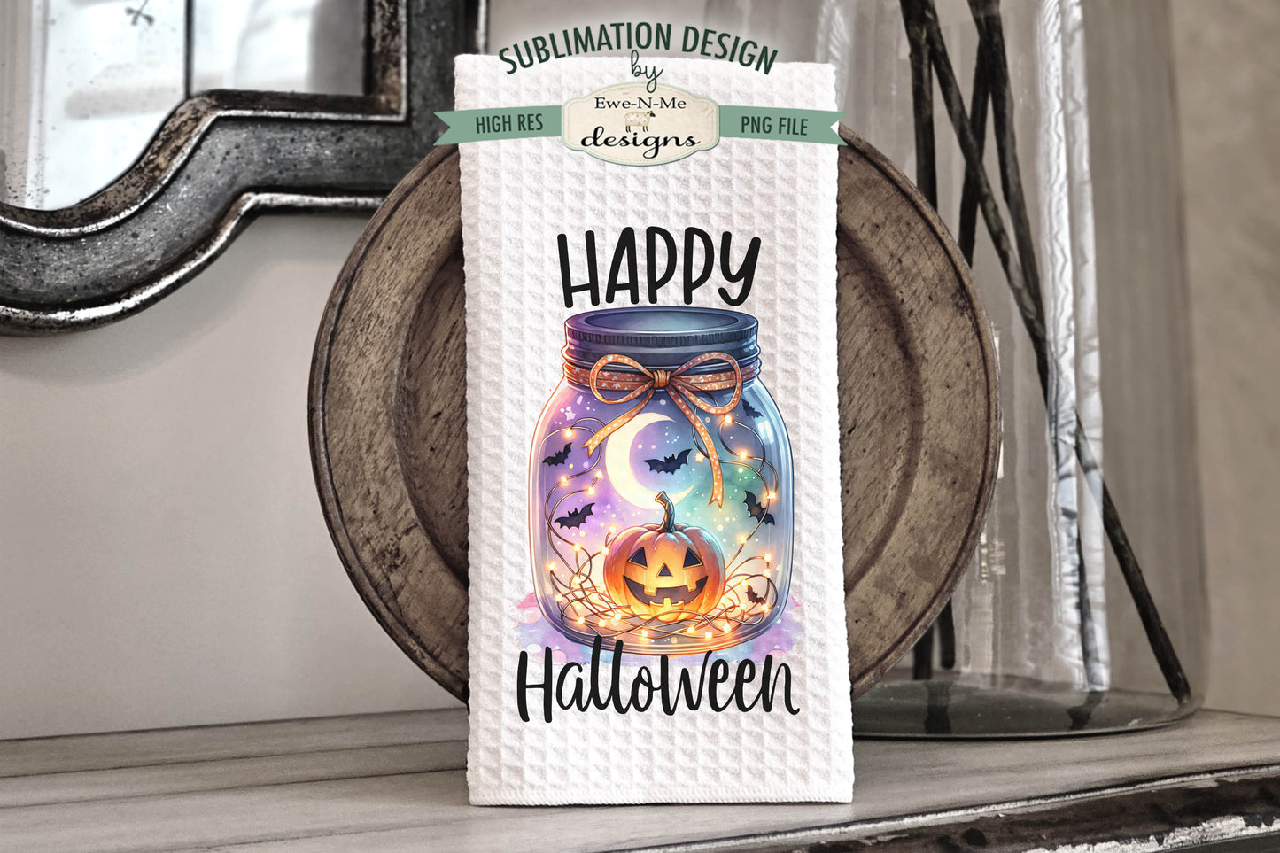 Halloween Jack O Lantern Mason Jar - Kitchen Towel Sublimation Designs
