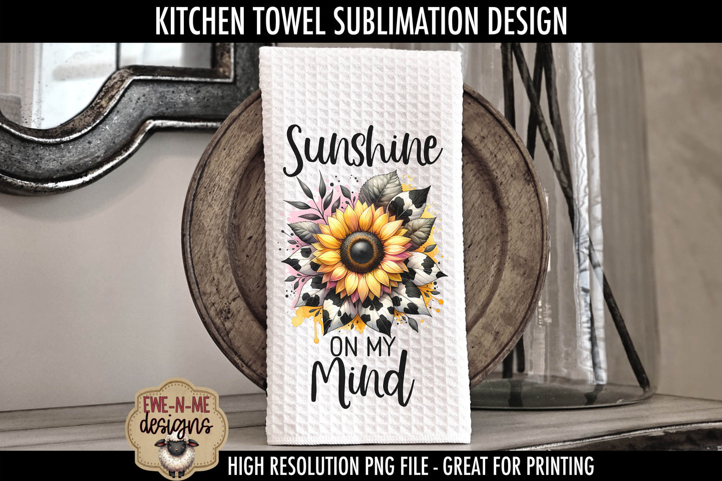 Cow Print Sunflowers -  Kitchen Towel Sublimation Designs