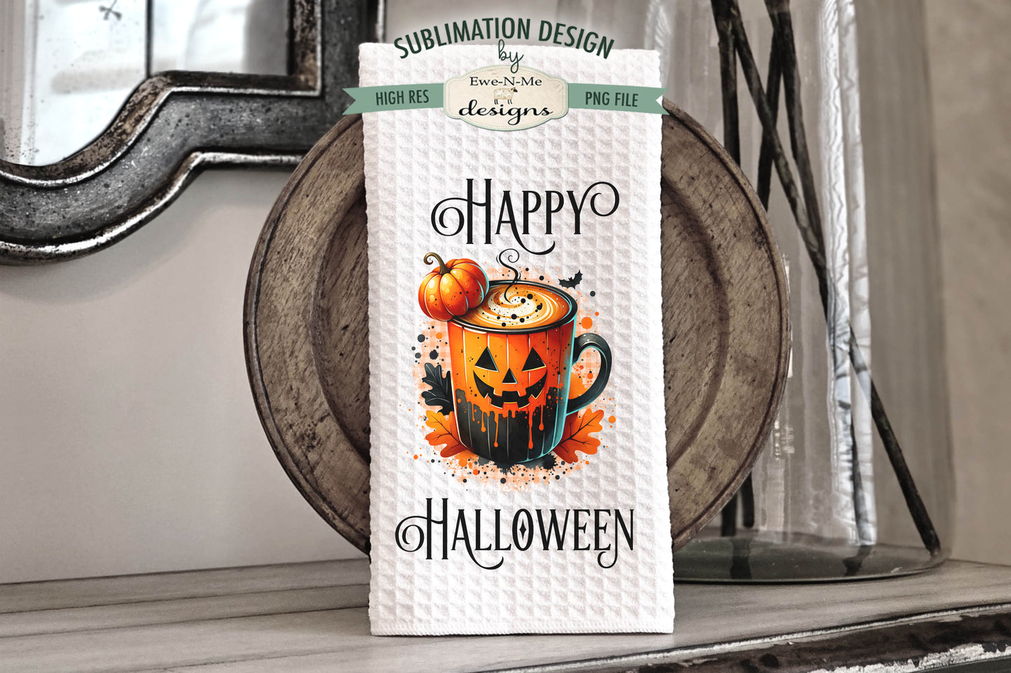 Halloween Jack O Lantern Coffee Cups - Kitchen Towel Sublimation Designs