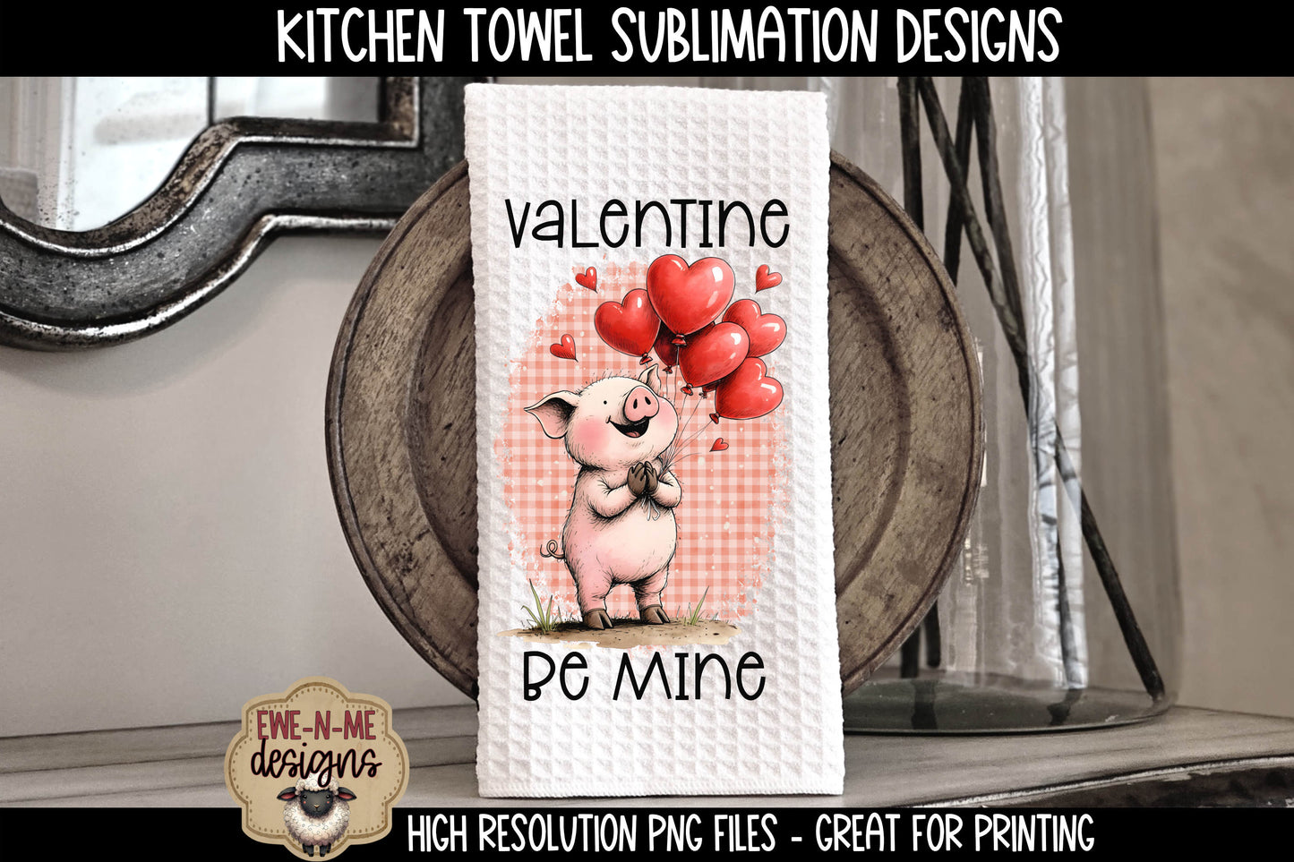 Valentine Pigs with Balloons - Kitchen Towel Sublimation Designs
