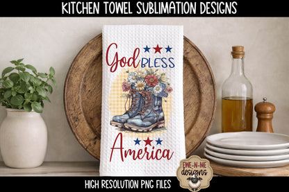Patriotic Boots and Flowers with Stars - Kitchen Towel Sublimation Designs