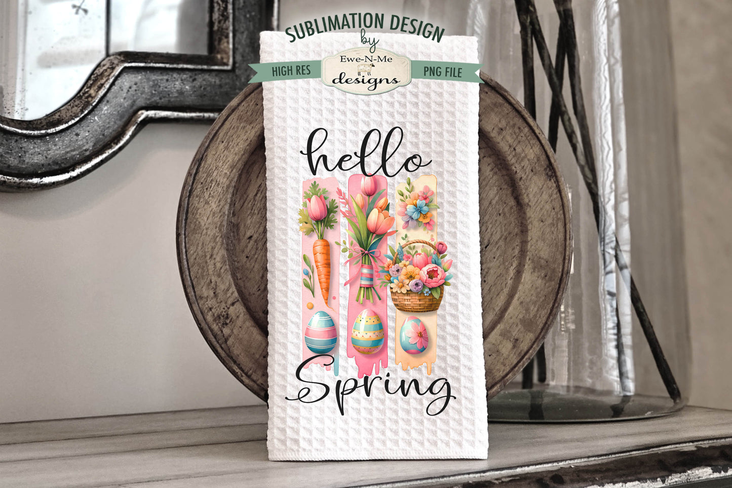 Easter Brush Stroke Bunny Flowers - Kitchen Towel Sublimation Designs