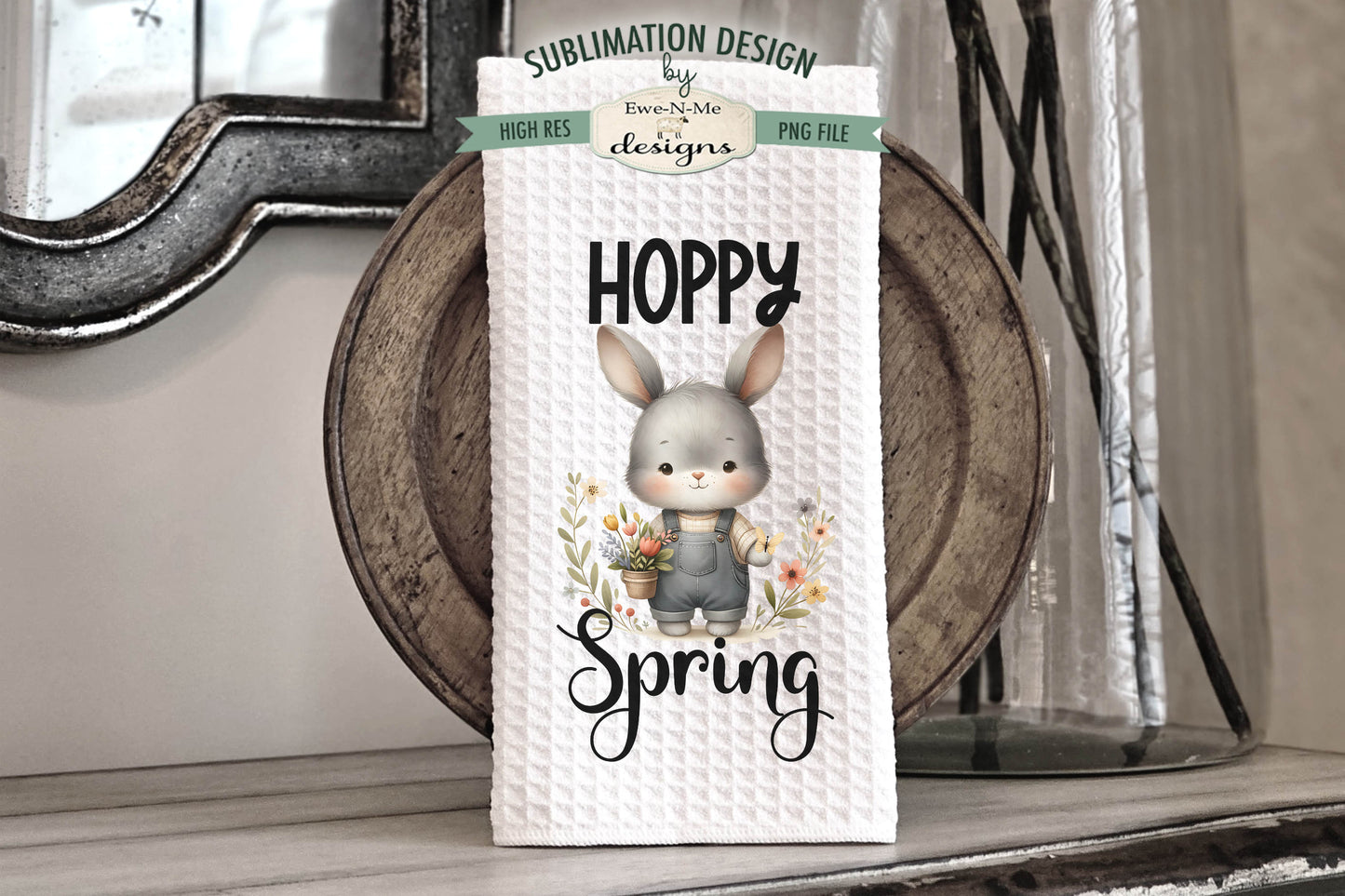 Spring Easter Bunny in Overalls - Kitchen Towel Sublimation Designs