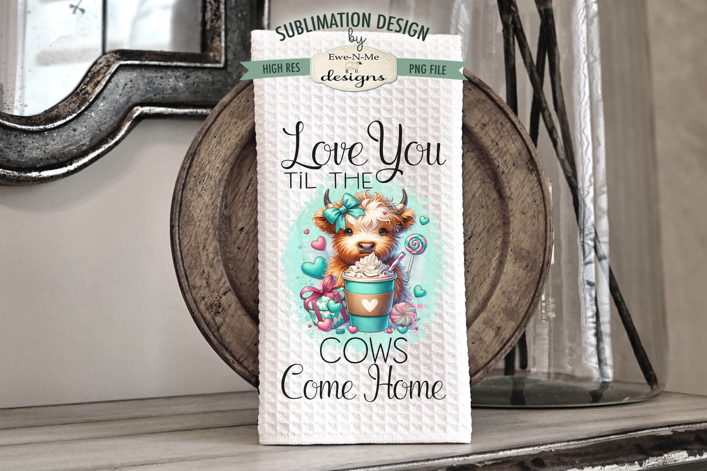 Valentine Highland Cows with Bows - Kitchen Towel Sublimation Designs