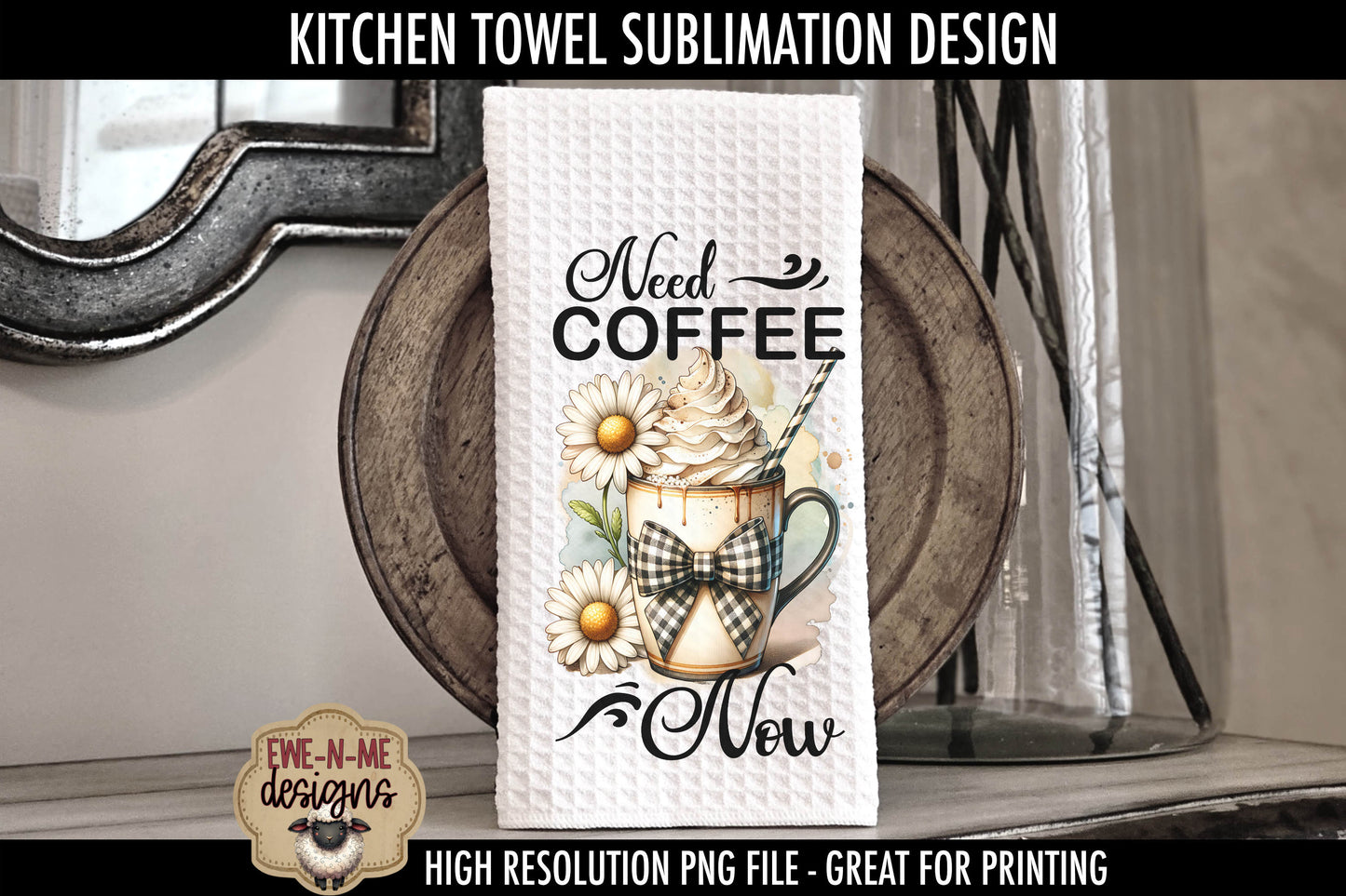 Coffee Mug Plaid Bow Daisy -  Kitchen Towel Sublimation Designs