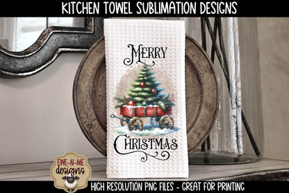 Red Wagon with Christmas Trees - Kitchen Towel Sublimation Designs