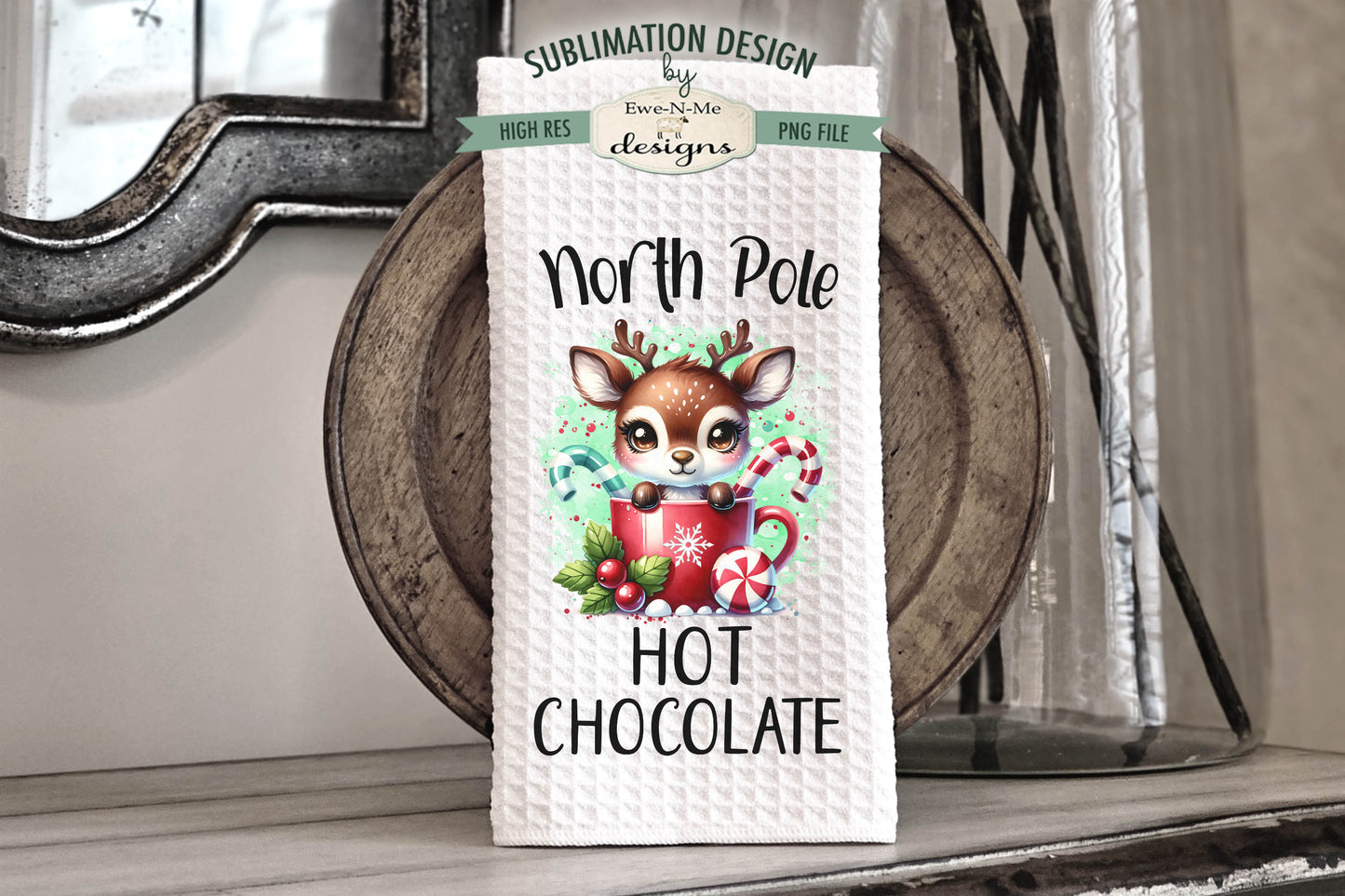 North Pole Reindeer Red Green Mugs - Kitchen Towel Sublimation Designs