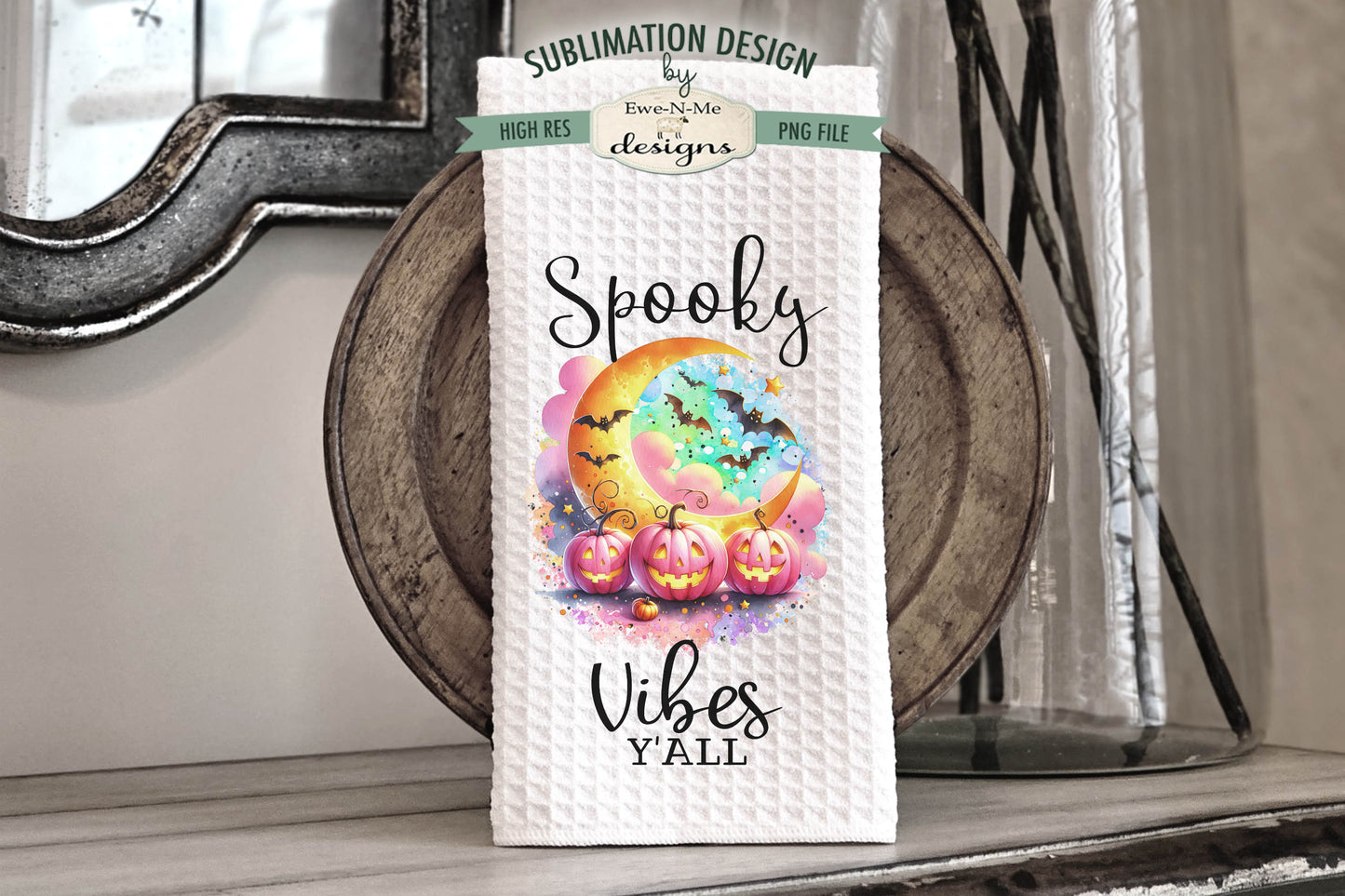 Pink Jack O Lanterns and Moons - Kitchen Towel Sublimation Designs